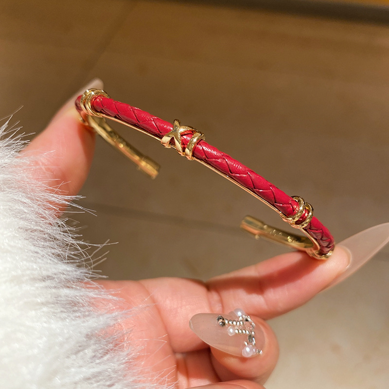 Gold - Tone Rhinestone - Studded Cross Clasp Red Braided Leather Bracelet, Elegant Party Jewelry And Gift For Her High Quality And Stylish Jewelry