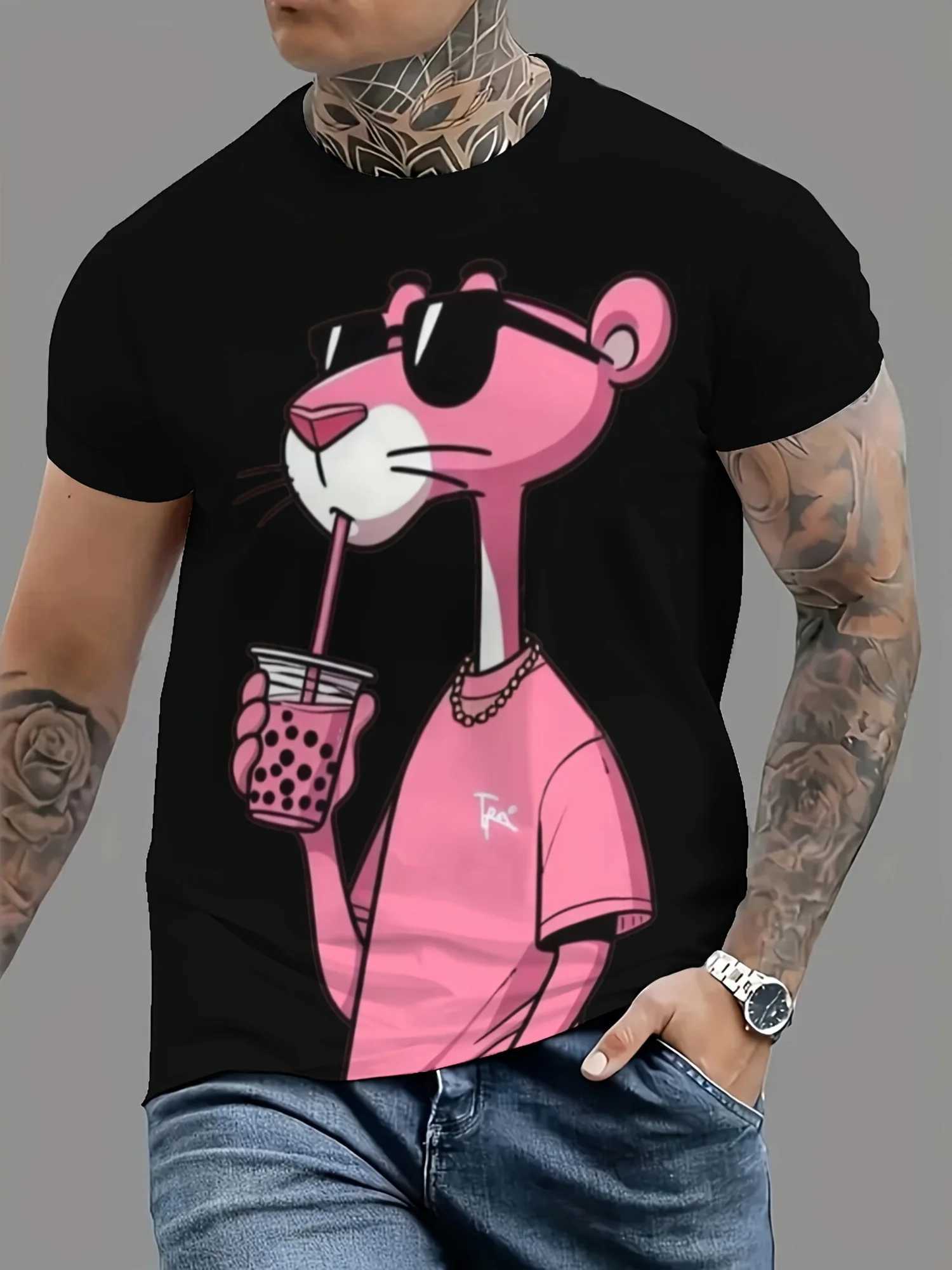 Summer New Mens T-shirts Cartoon Pink Panther Print Short Sleeve O-neck Tees Casual Loose Daily Sports Oversized Unisex Tops W250723