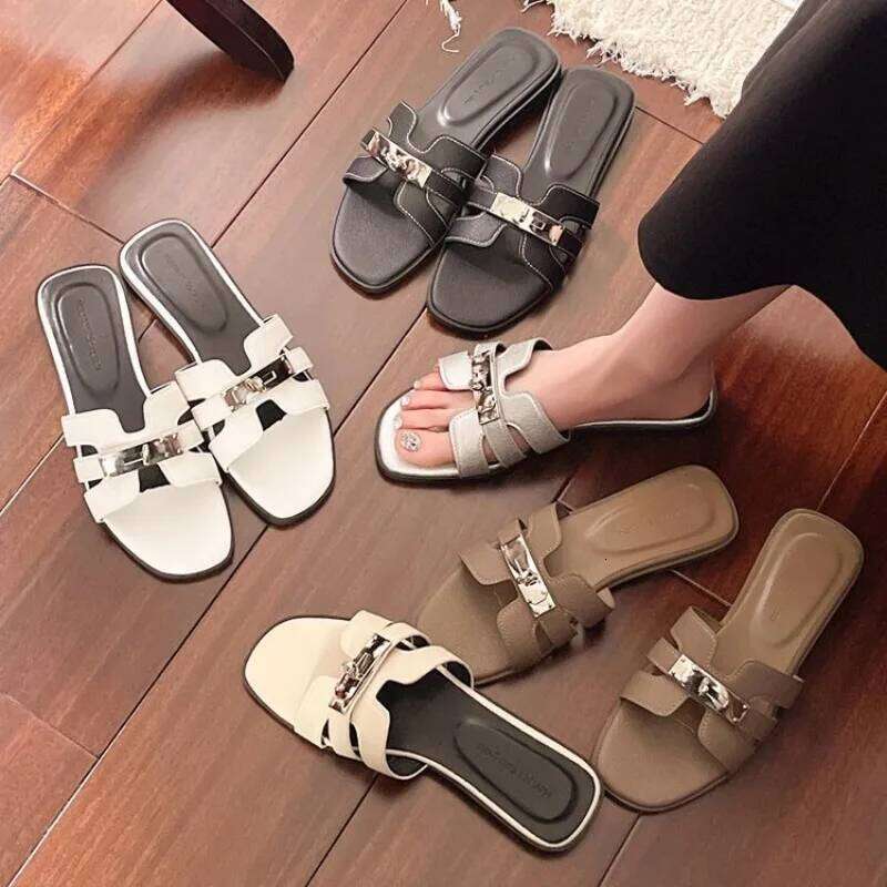 Women's Flat Shoes Barefoot Outside Woman Pu Cross Belt Slippers Women Metal Decoration Sandals 2025 Summer Ladies Fashion Shoe