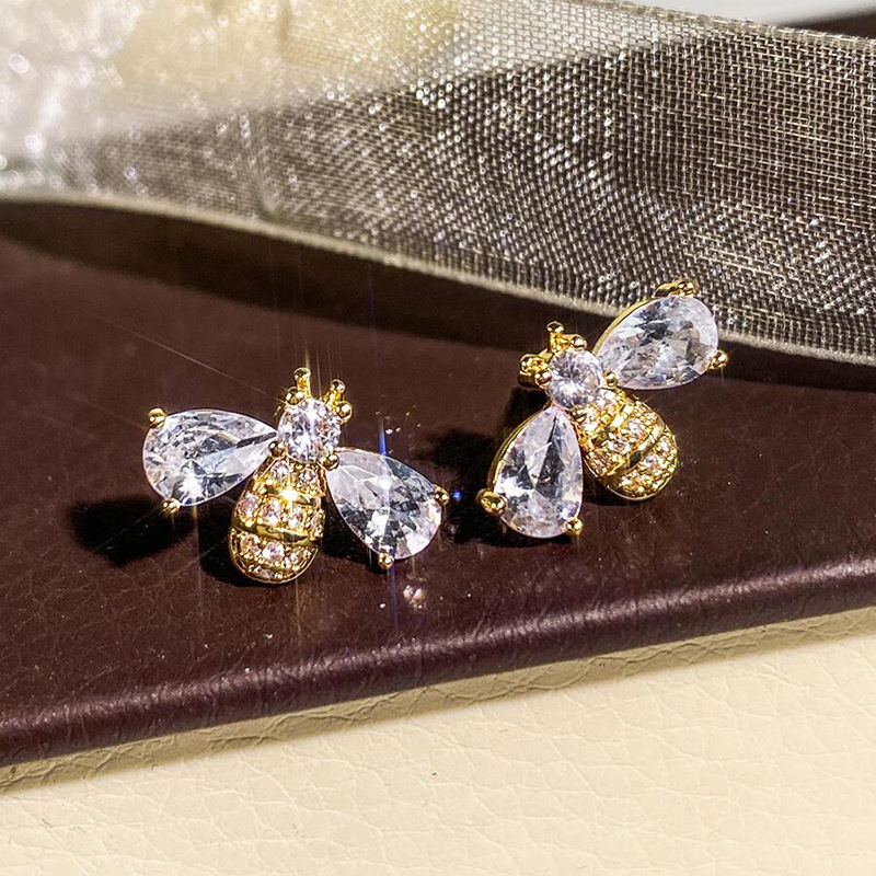 Gold Tone Bee Shaped Stud Earrings Crystal Wing Accents Cute Daily Jewelry And Gift For Her High Quality And Stylish Jewelry