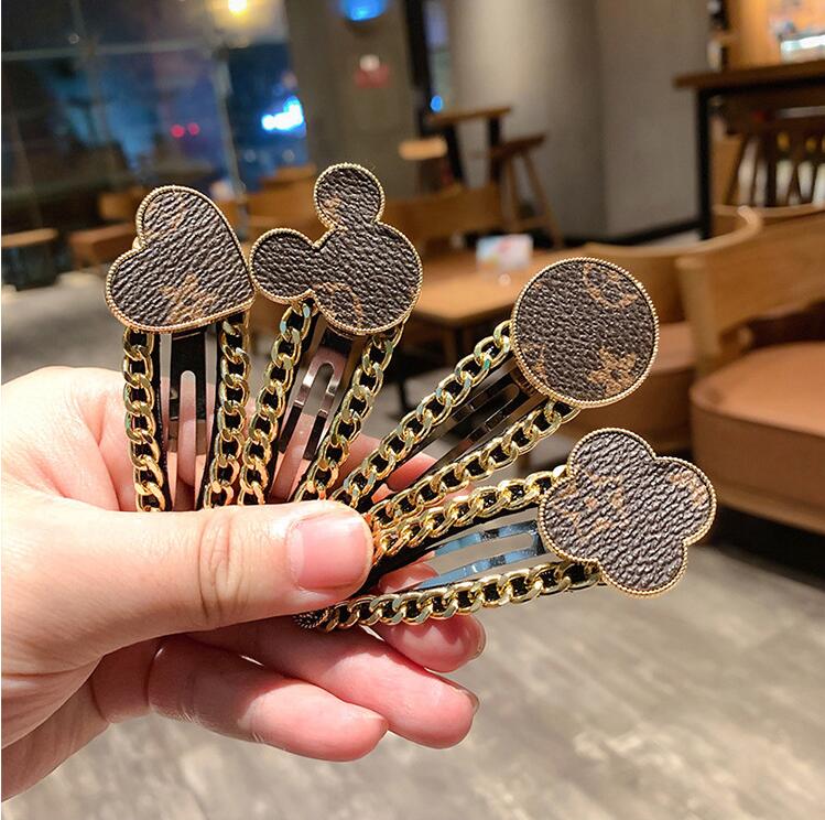 Heart Shaped Four Leaf Clover Shaped Fashion Hairpin Fashion Heart Leather Printed Metal Chain Clip Retro Style Side Bb Clip Hair Accessory C