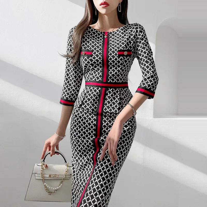 Style European And Korean Womens Clothing Socialite Printed Waist-Fitted Ruffle Edge Dress Summer Professional Wear 250723