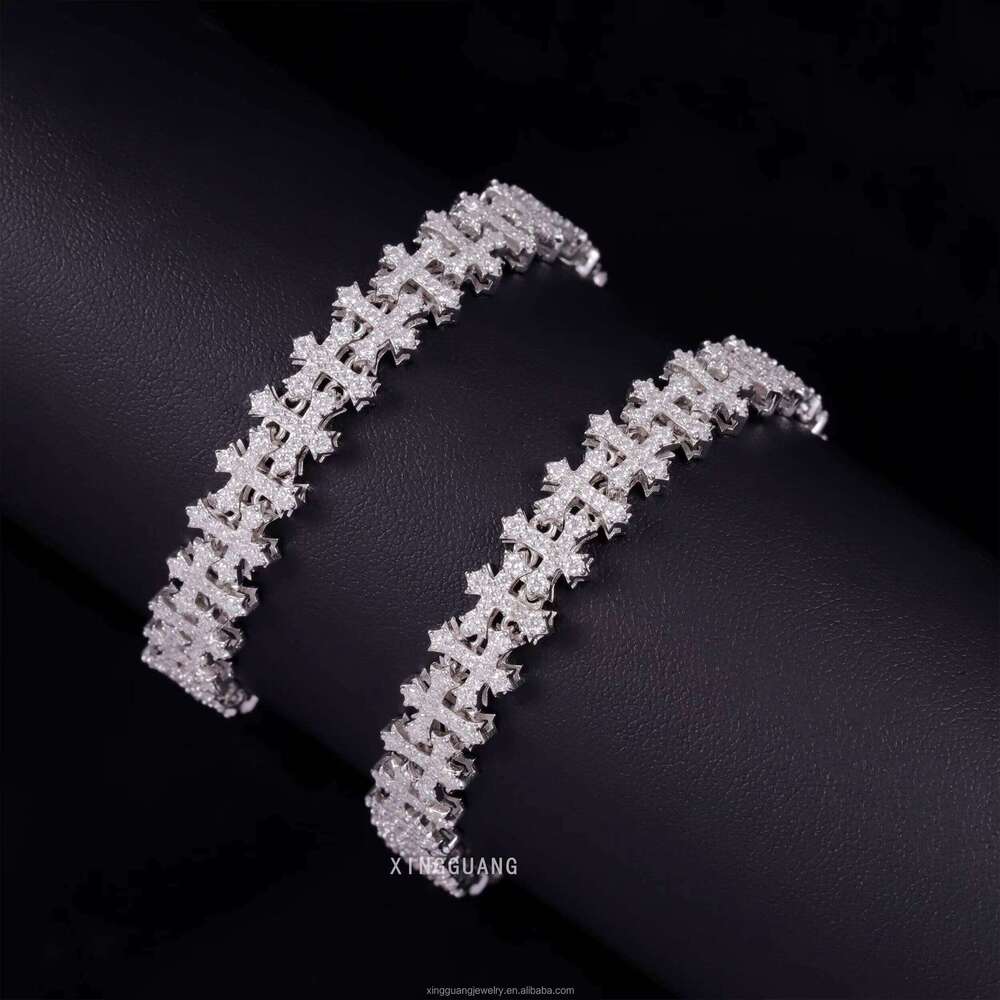 Fashion Best Selling Prong Setting White Gold Plated Iced Out Jewelry Moissanite Dia Hip Hop Cross Cuban Link Bracelet