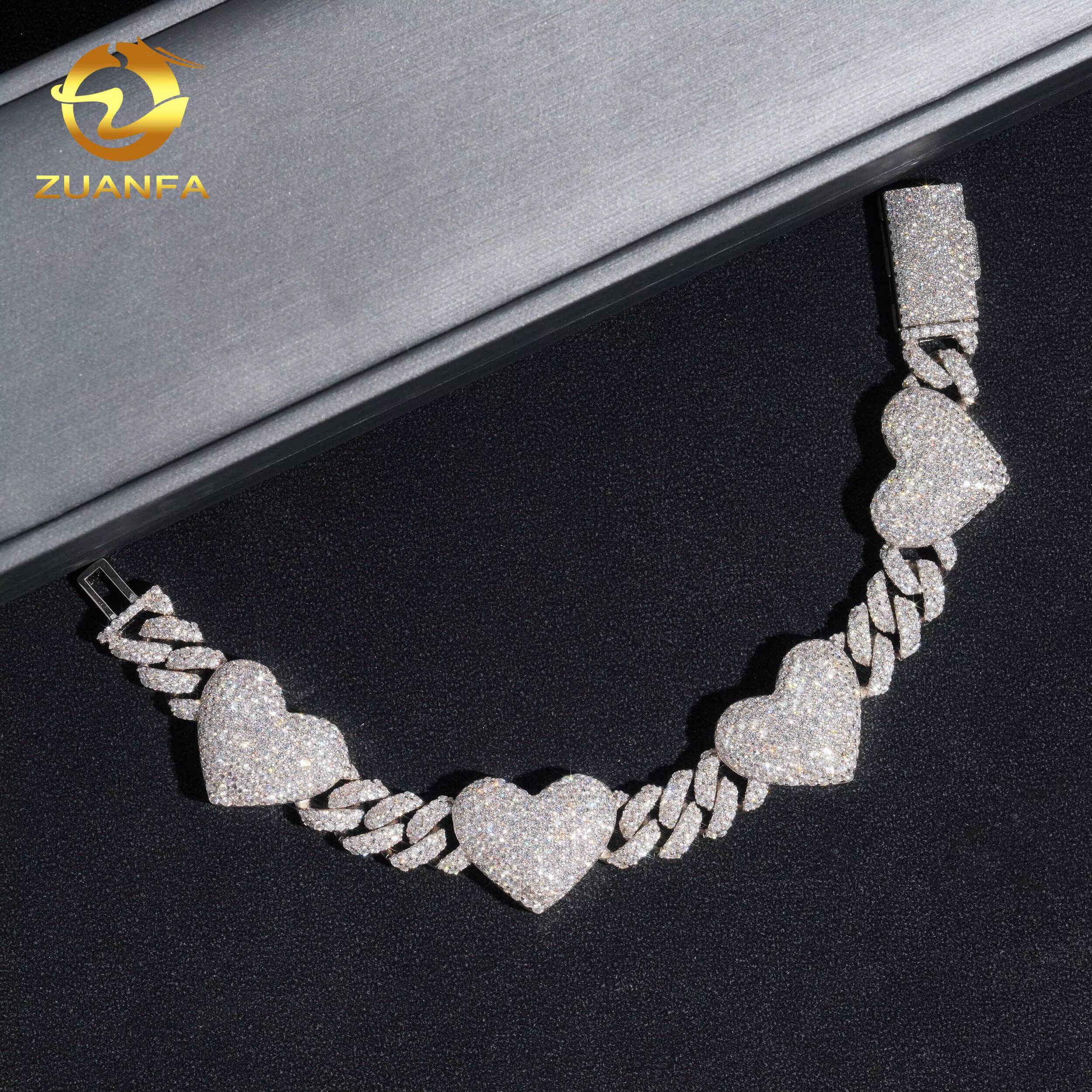 Fashion GRA Certificates Pass Diamond Tester 925Solid Silver 13mm Iced Out Hip Hop Moissanite Diamond Heart Link Chain Bracelet