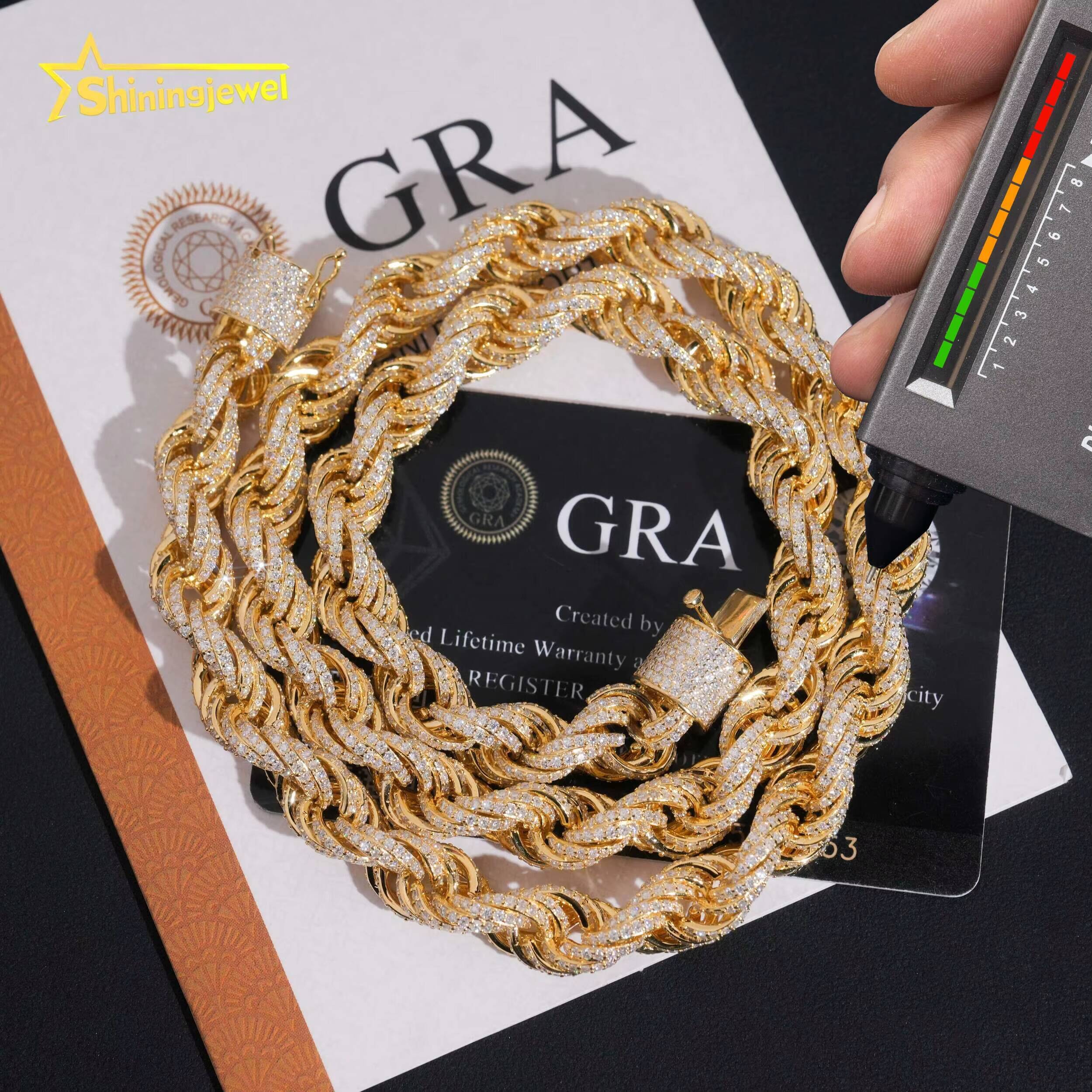 Pass Diamond Tester Hip Hop 10mm 925 Silver Gold Plated Fully Iced Out VVS Moissanite Rope Chain