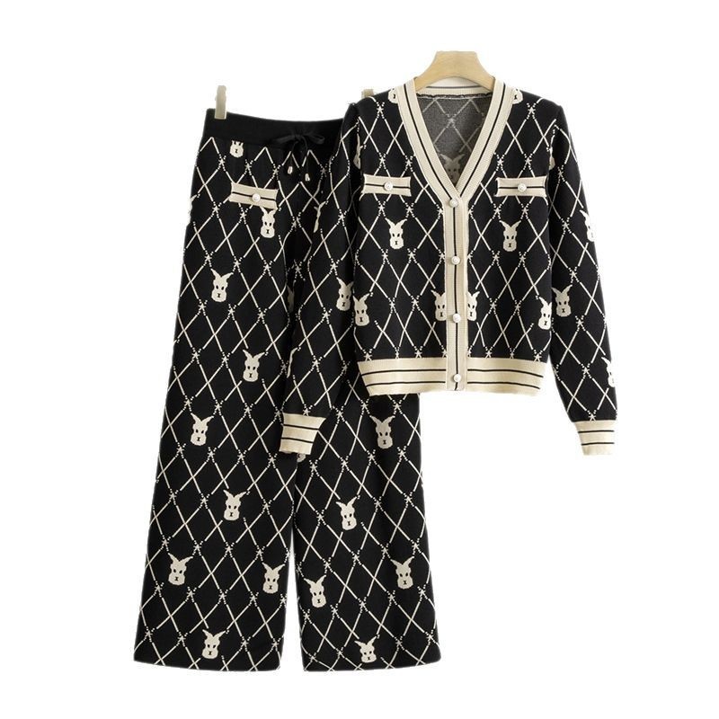 Color-Block Knitted Cardigan Set for Women Autumn Slim V-Neck Sweater Jacket High-Waisted Wide-Leg Pants Two-Piece Set 250723