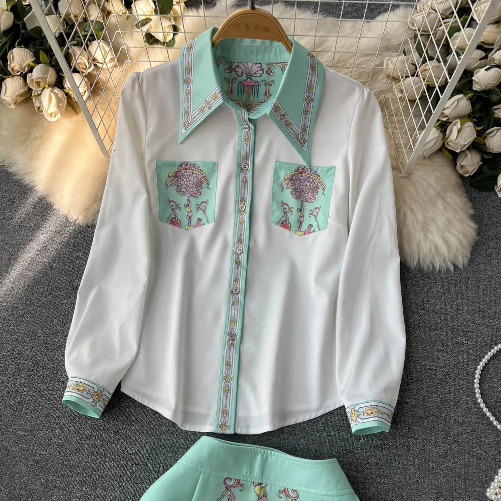 Summer Sweet Two Piece Set Women Turn Down Neck Long Sleeve Floral Print Chiffon Shirt TopIrregular Vintage Mini Skirt Suit 250723
