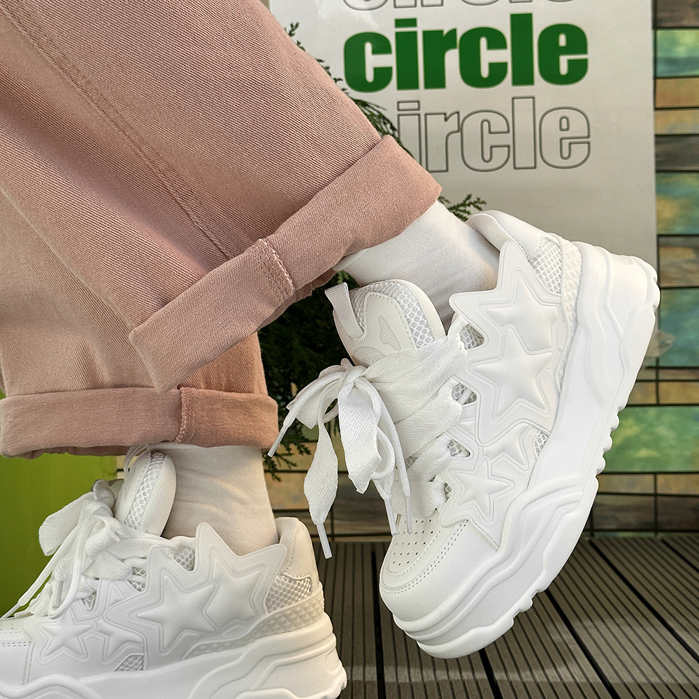 White thick-soled breaded sneakers for couples height-increasing thickened casual sports shoes star pattern footwear for men