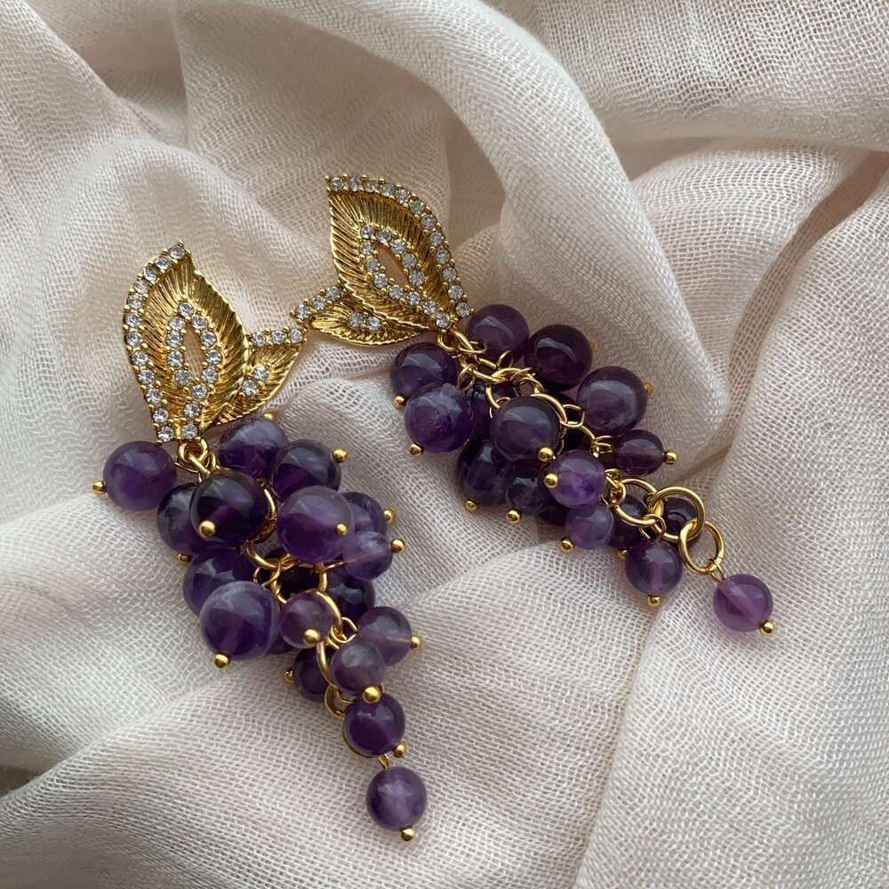 Vintage Jewelry Exaggerated Tassel Crystal Grape Palace Court High-end Light Glass Earrings for Women