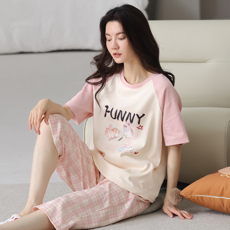 X203-Pajamas women summer pure cotton summer new short-sleeved cropped pants Korean style casual cute outer wear home clothes suit ladies