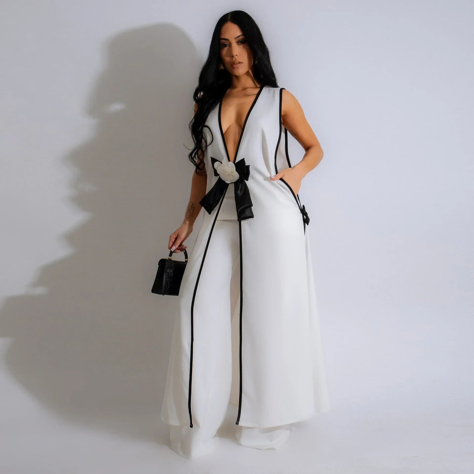 Womens Summer Fashion Sexy Two-piece Set Camellia Bow Sleeveless Spell Color Long Sundress Solid Color Wide Leg Trouser Set 250723