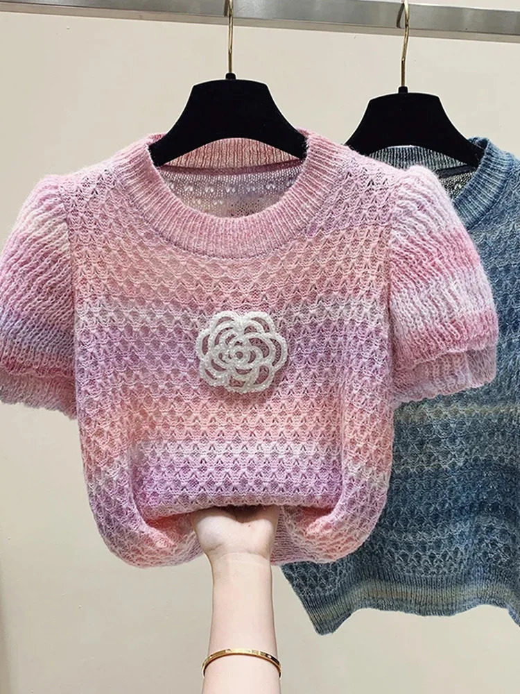 Korean Fashion Knitwear Women O-Neck Short Sleeve Casual Summer Y2K Chic Clothing Sweater Pullovers Tops Pull Femme Tees 250723