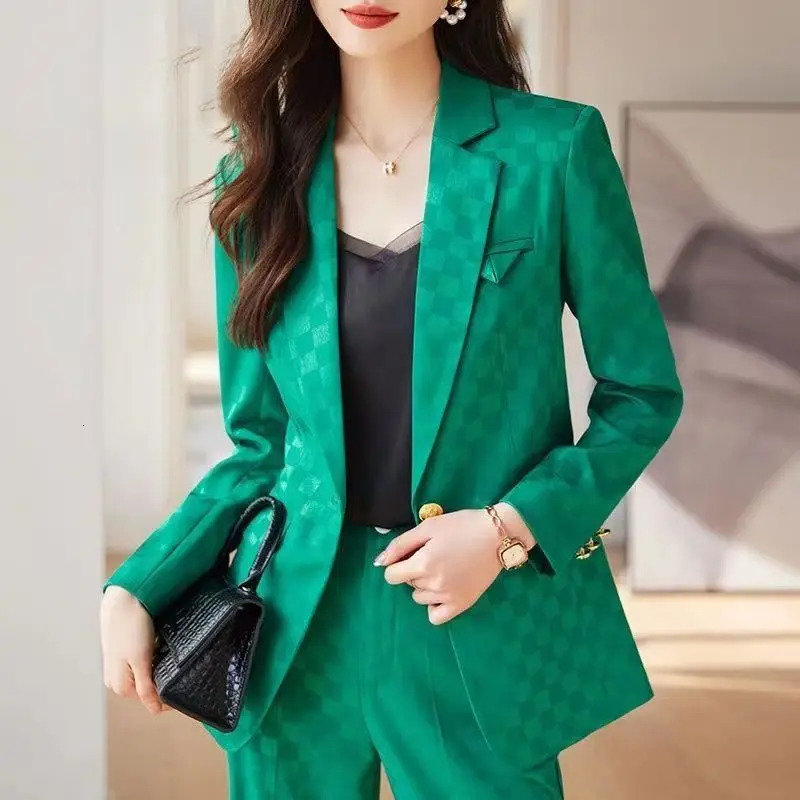 Womens Spring Autumn Fashion Plaid Professional Suit Jacket Matching Set Korean Elegant Casual Blazers Pants Two Piece 250723
