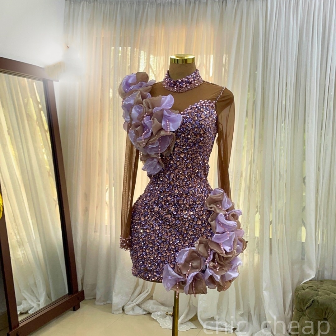 Chic Lilac Sheath Cocktail Dress High Neck Tiers Beaded Full Sleeves Short Mini Graduation Homecoming Dresses For Special Occasions Sweetheart Gowns