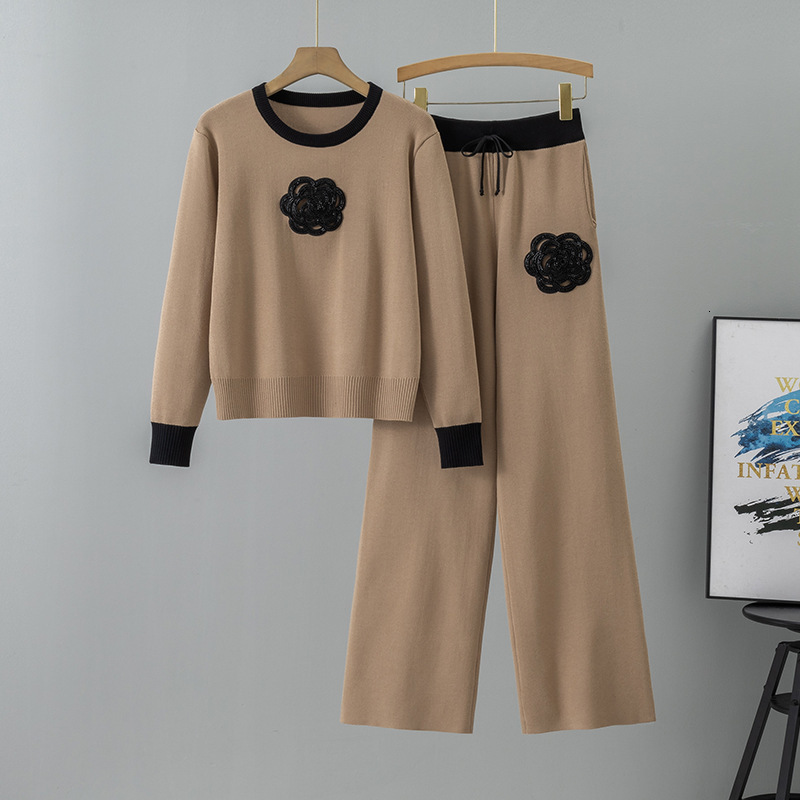 Autumn Winter Knitted Set for Women Round Neck Knitted Sweater Wide Leg Pants Elegant Two-Piece Set 250723
