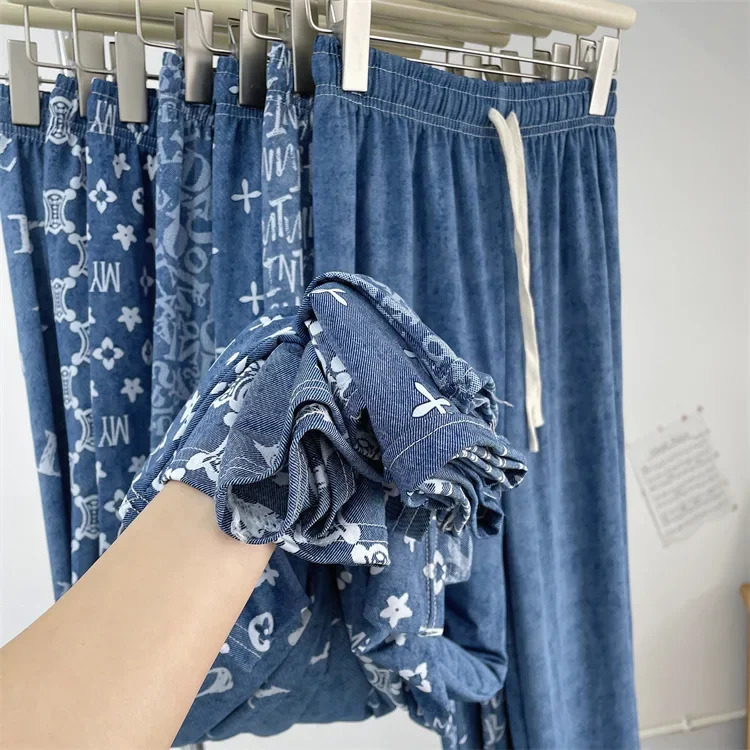 Ice Silk Wide Leg Jeans Womens Summer Cool Print Casual Pants Drapey High Waist Slimming Straight Leg Trousers250723