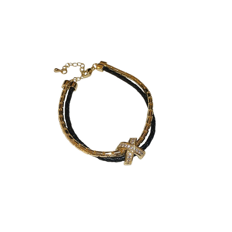 Gold - Tone Rhinestone - Studded Cross Clasp Red Braided Leather Bracelet, Elegant Party Jewelry And Gift For Her High Quality And Stylish Jewelry