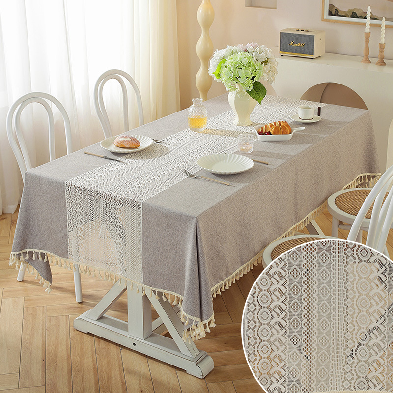 YL-36781 new tablecloth polyester linen simple temperament hollow splicing rectangular high-grade retro coffee table dining table cover cloth spot