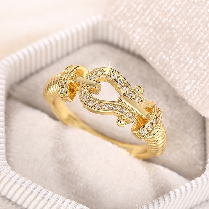 Designer Jewellery High Quality Gold Tone Buckle Shaped Ring with Crystal Accents Party Daily Wear Gift for All Occasions Textured Stylish Accessory