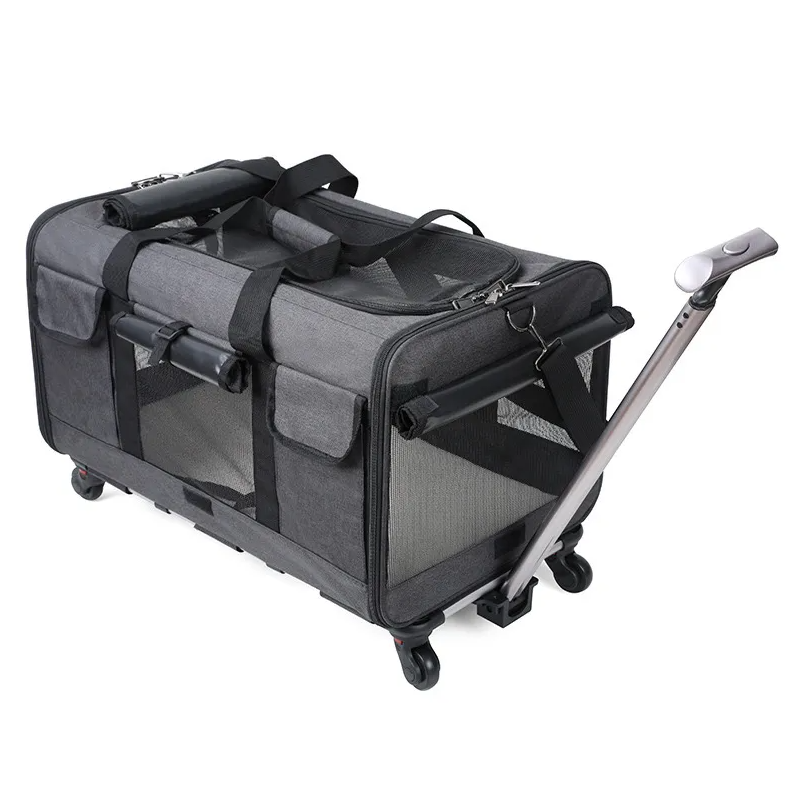 Collapsible Extra Large Cat Carrier with Wheels and Litter Box, Rolling Soft Carrier with Breathable Mesh Windows and Locking Zippers for Long Distanc