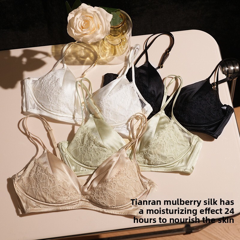 Yuyue 2025 New Spring Lace Lightweight Wireless Mulberry Silk Panties Triangle French Double Strap Women's Bra