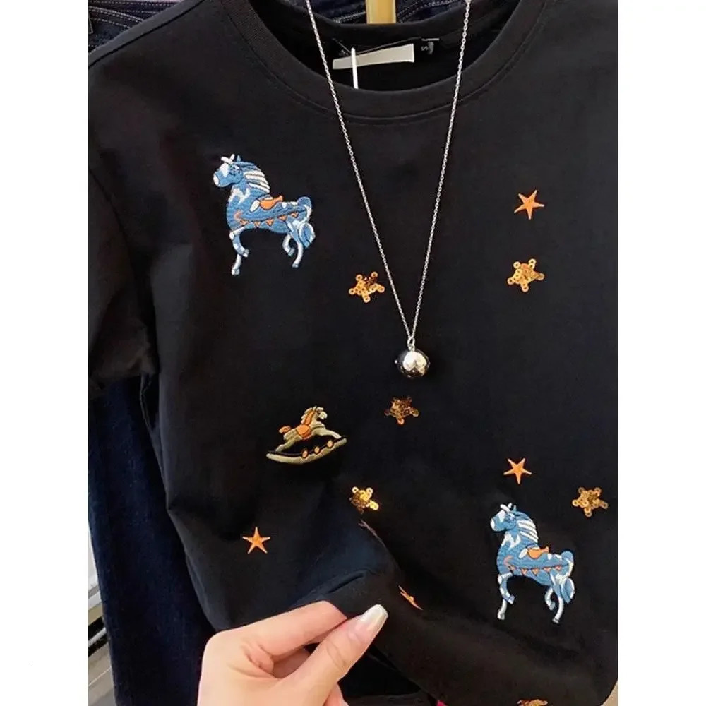Lanjia- High-End Summer Pure Cotton Short Sleeve Black T-Shirt Womens Fashion Top Metal Embellishment Crew Neck Tee European Style 250723 A4f4b