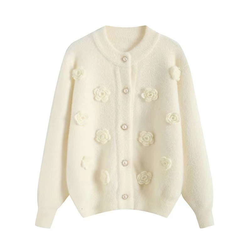 Mink Velvet Gentle Soft Glutinous Style Three-Dimensional Flower Sweater Cardigan Coat Women Autumn Niche Sense Knitted Shirt Top 250723