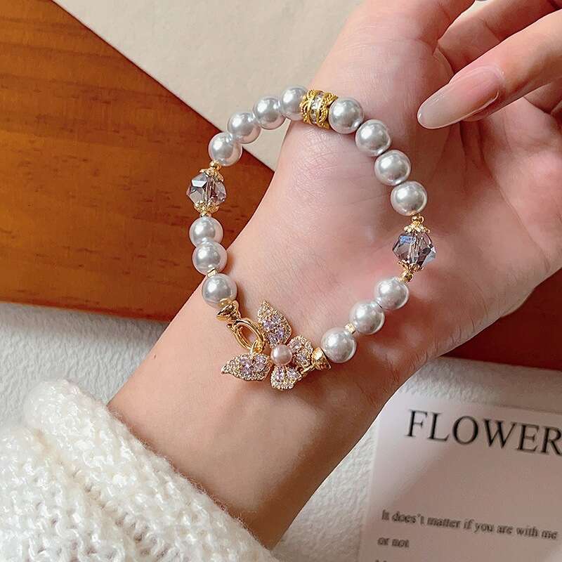 French Style Shijia Pearl Zircon Butterfly for Women, Light High-end Feel, Elegant and Versatile Bracelet Jewelry