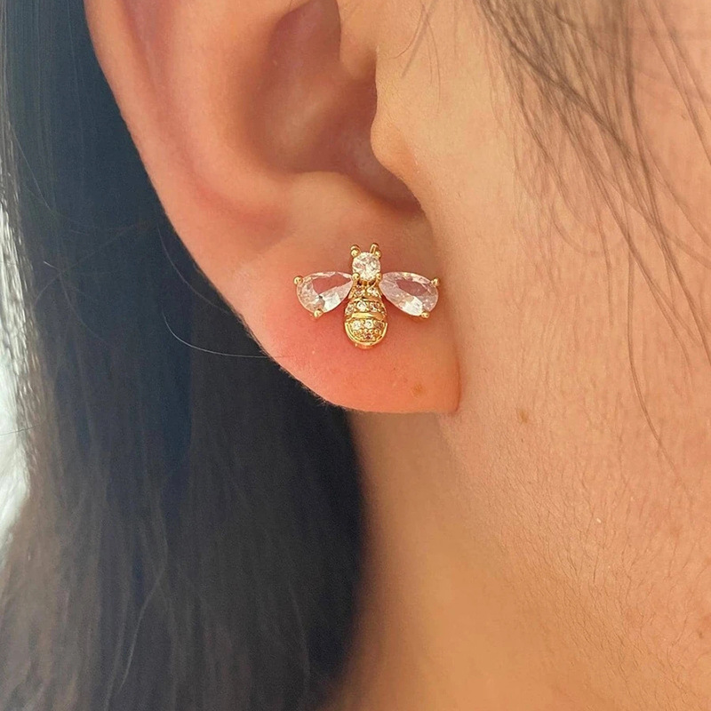 Gold Tone Bee Shaped Stud Earrings Crystal Wing Accents Cute Daily Jewelry And Gift For Her High Quality And Stylish Jewelry