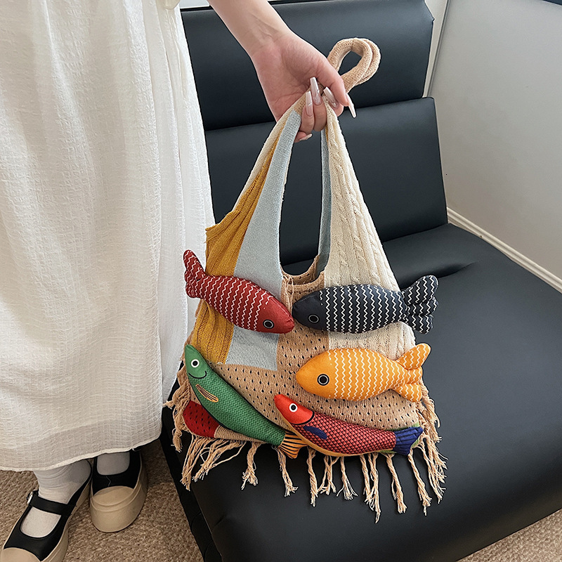 2025 Summer New Women's Crossbody Bag women's Summer New Retro Tassel Art Knitted Bag Color Block Handbag New Women's Shoulder Bag New 