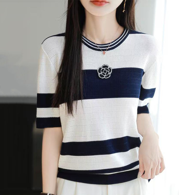 Women Summer Simplicity Office Lady Striped O-neck Short Sleeve Knitwear Tops Ladies Elegant Temperament All-match Trend Ice Silk T-Shirt Top 250723