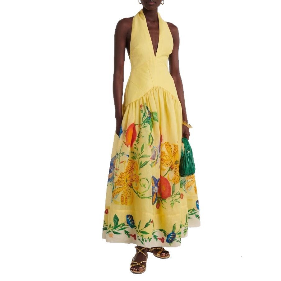 2025 Summer New Printed Halter Neck Backless Flared Deep V-neck Dress for Women