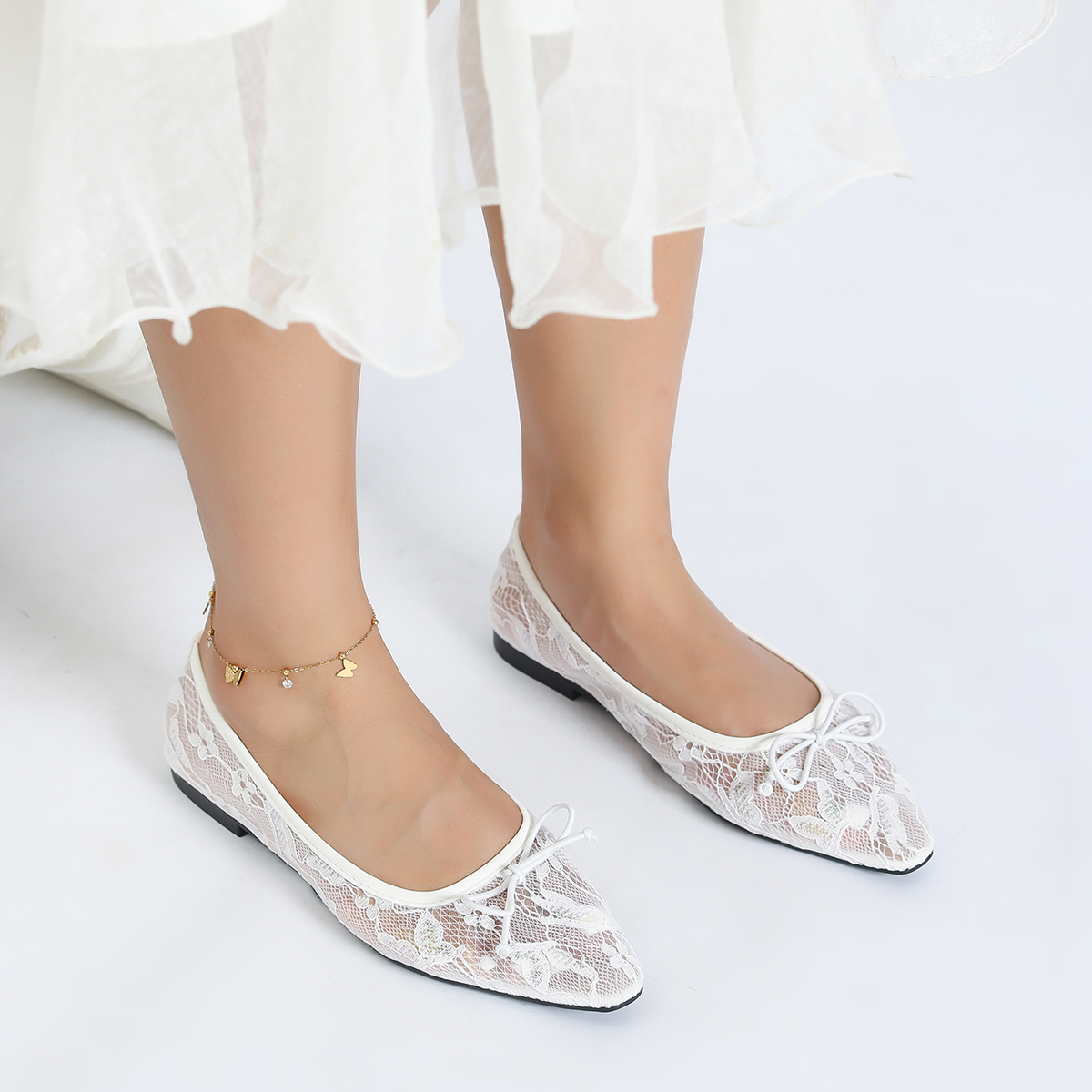 versatile casual flat shoes Spring and autumn new wedding style bow decoration solid color light mouth small square toe mesh breathable