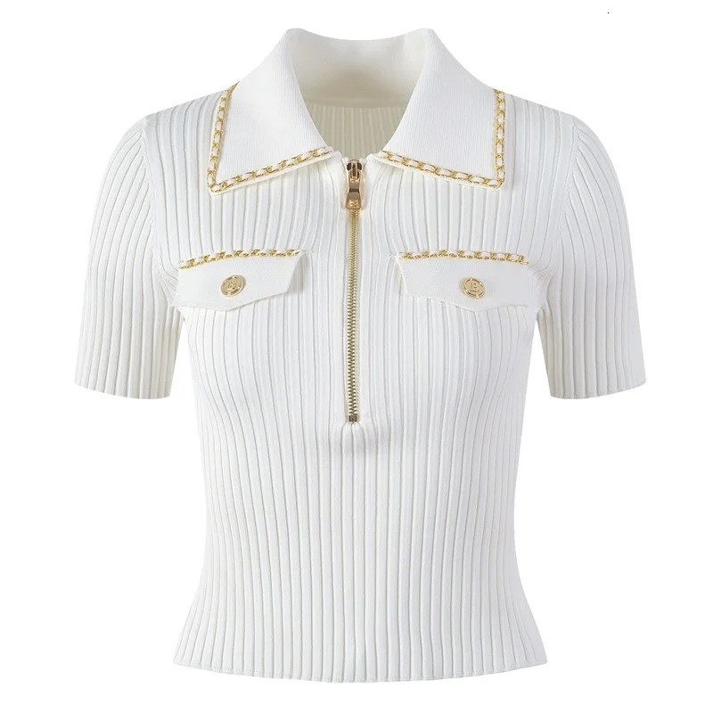 Summer Fashion Slim Knitted Tshirt Sweater Women Stylish Chain Buttons Zip-up Tees Tops Vintage Elegant Chic Ladies Knitwear 250723