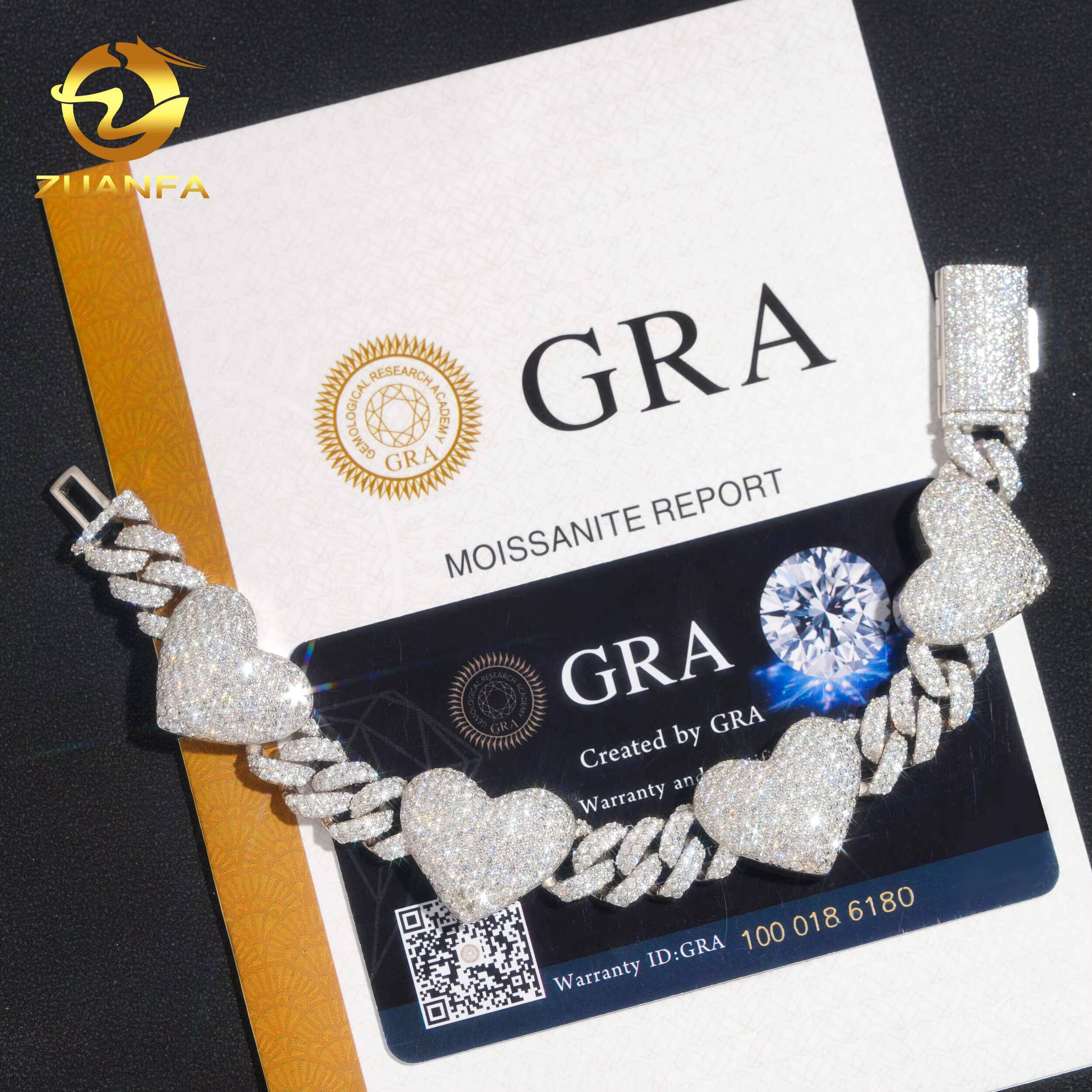 Fashion GRA Certificates Pass Diamond Tester 925Solid Silver 13mm Iced Out Hip Hop Moissanite Diamond Heart Link Chain Bracelet