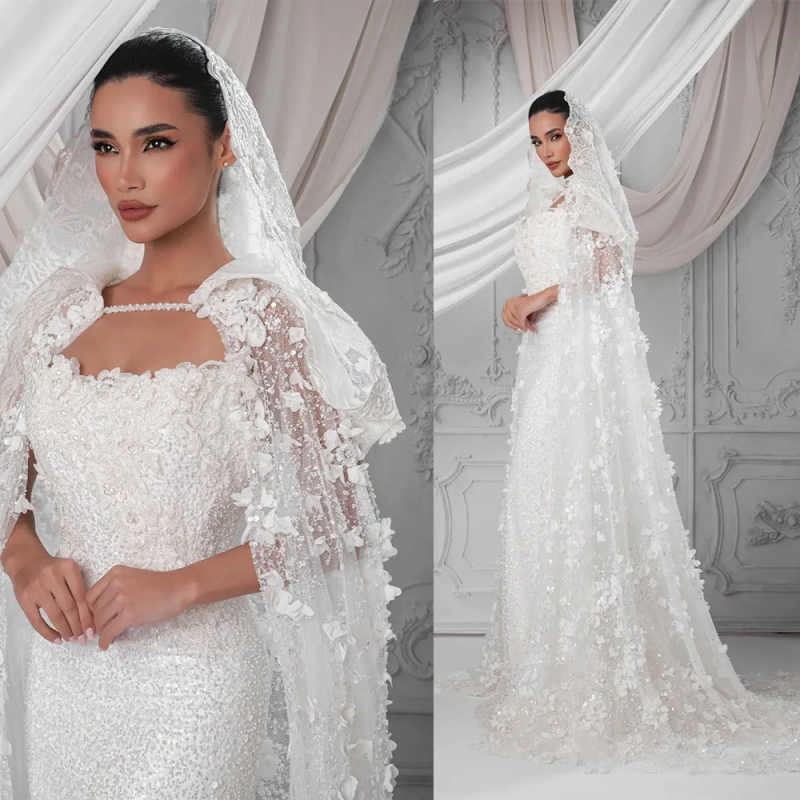 3D Flowers Wedding Veils Sequins Lace Edge Long Length Bride Hoodie Customized Wedding Accessories
