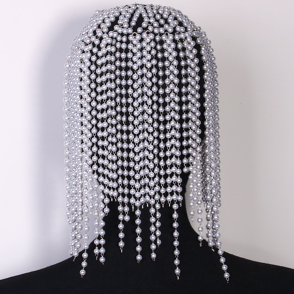 Hip Hop Pearl Headwear Statement Luxury Tassel Hair Accessory for Party Ball