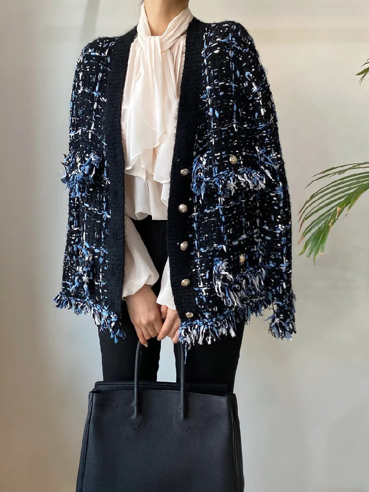 Korean style Chic Autumn Winter V-neck Tassel Wool Mixed Color Knitted Cardigan Loose Long Sleeve Sweater Coat 250723