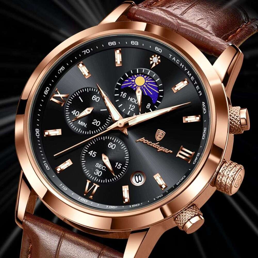 DHgargets POEDAGAR Men's Moon Phase Chronograph Watch - Multifunction, 30M Waterproof, Leather Strap, Quartz Wristwatch with Tachymeter