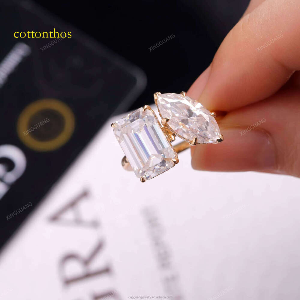 XingGuang 2CTW Marquise Emerald Cut Moissanite Rings Women Solid Sier14K Gold D/VVS1 Ring for Engagement Wedding