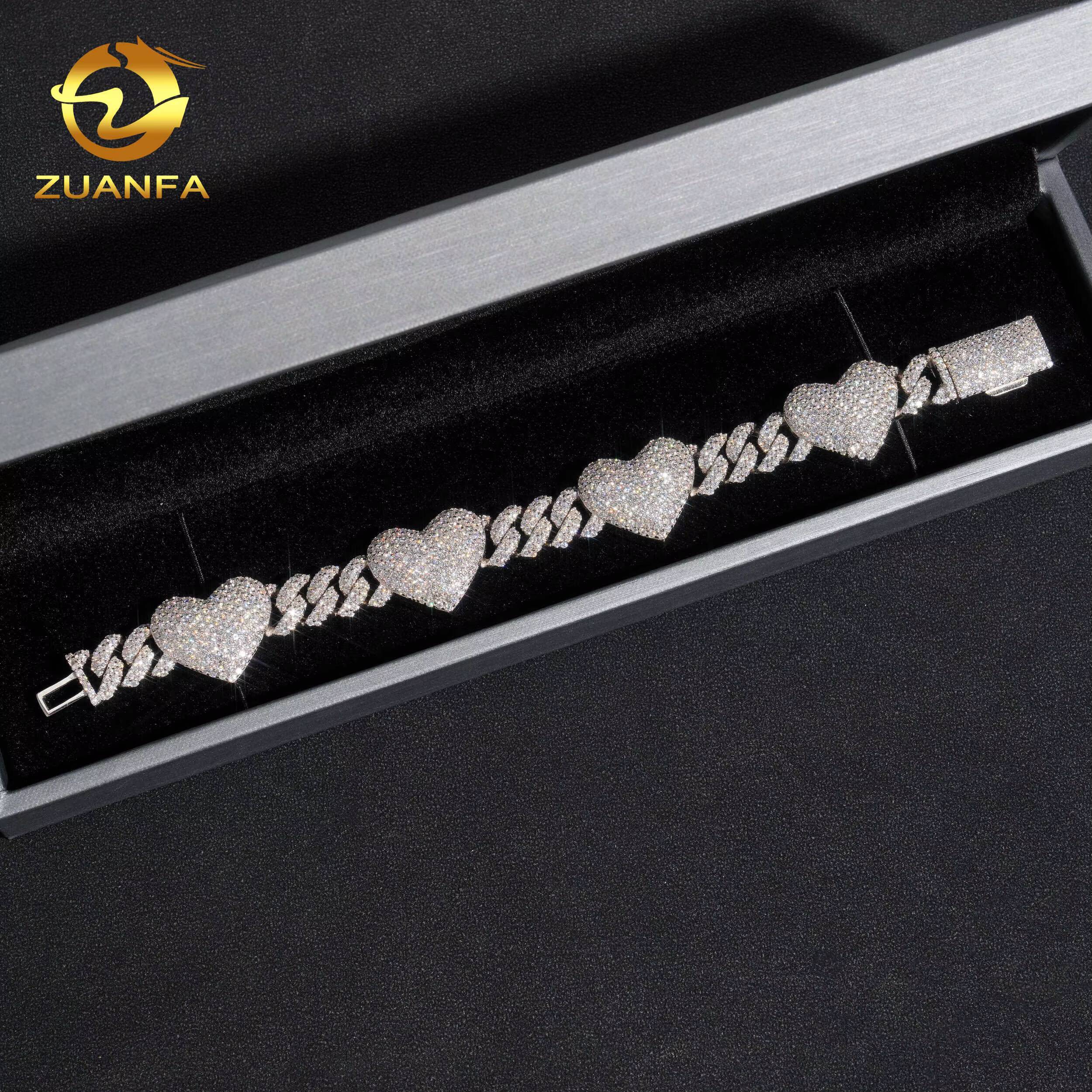 Fashion GRA Certificates Pass Diamond Tester 925Solid Silver 13mm Iced Out Hip Hop Moissanite Diamond Heart Link Chain Bracelet