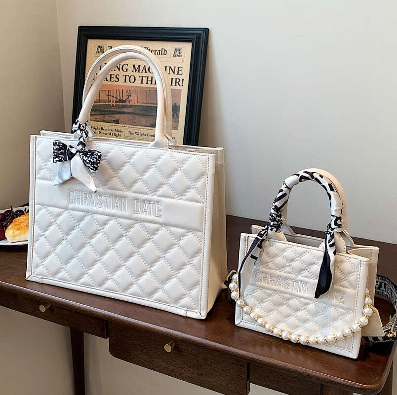 diamond grid pearl handbag, genuine leather texture silk scarf decoration bag, daily date shopping crossbody bag