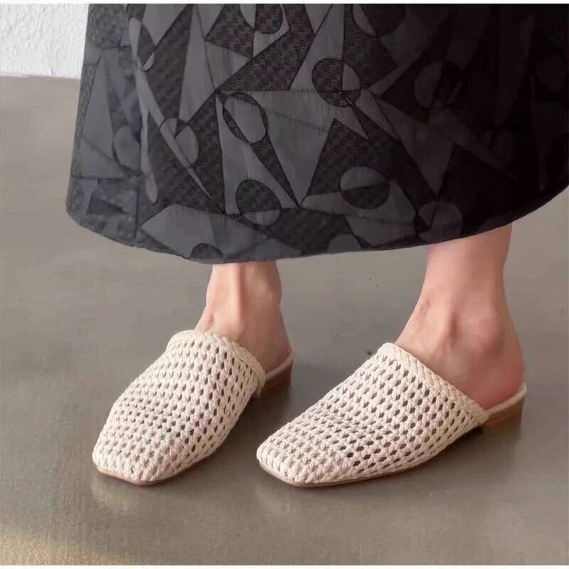 French Fashion Sandals Hand-Woven Mesh Cap-Toe Slippers Ballet Square-Toe Flat Hot Hollow Large Size Women's Shoes