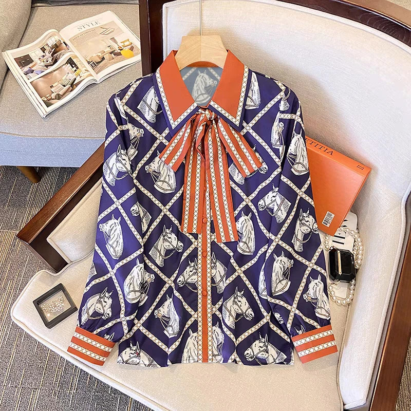 Silk Shirt Women Check Equestrian Print Horse Blouse Spring Summer Long Sleeve Tops Vintage Trend Y2K Clothing 250723
