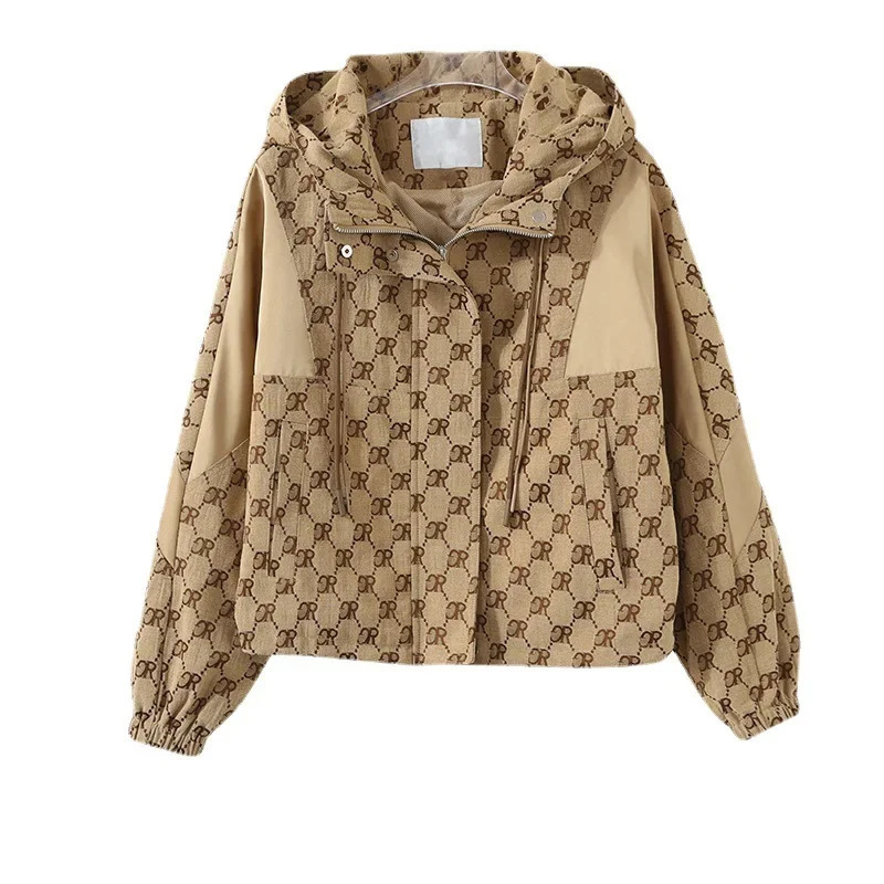 Fashionable Printed Jacket Womens Autumn Outerwear Cardigan Petite Style Hooded Drawstring Jacket Top Trendy250723