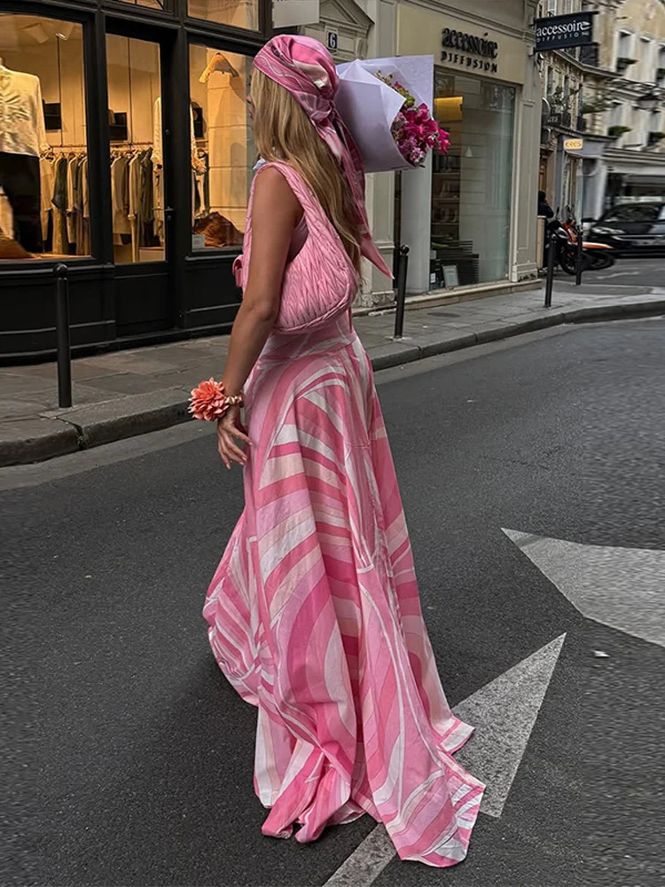 Sexy Printed Top Long Skirts 2 Piece Set Women Fashion Solid Sleeveless Backless High Waist Skirt Suit Lady Summer Chic Sets 250729