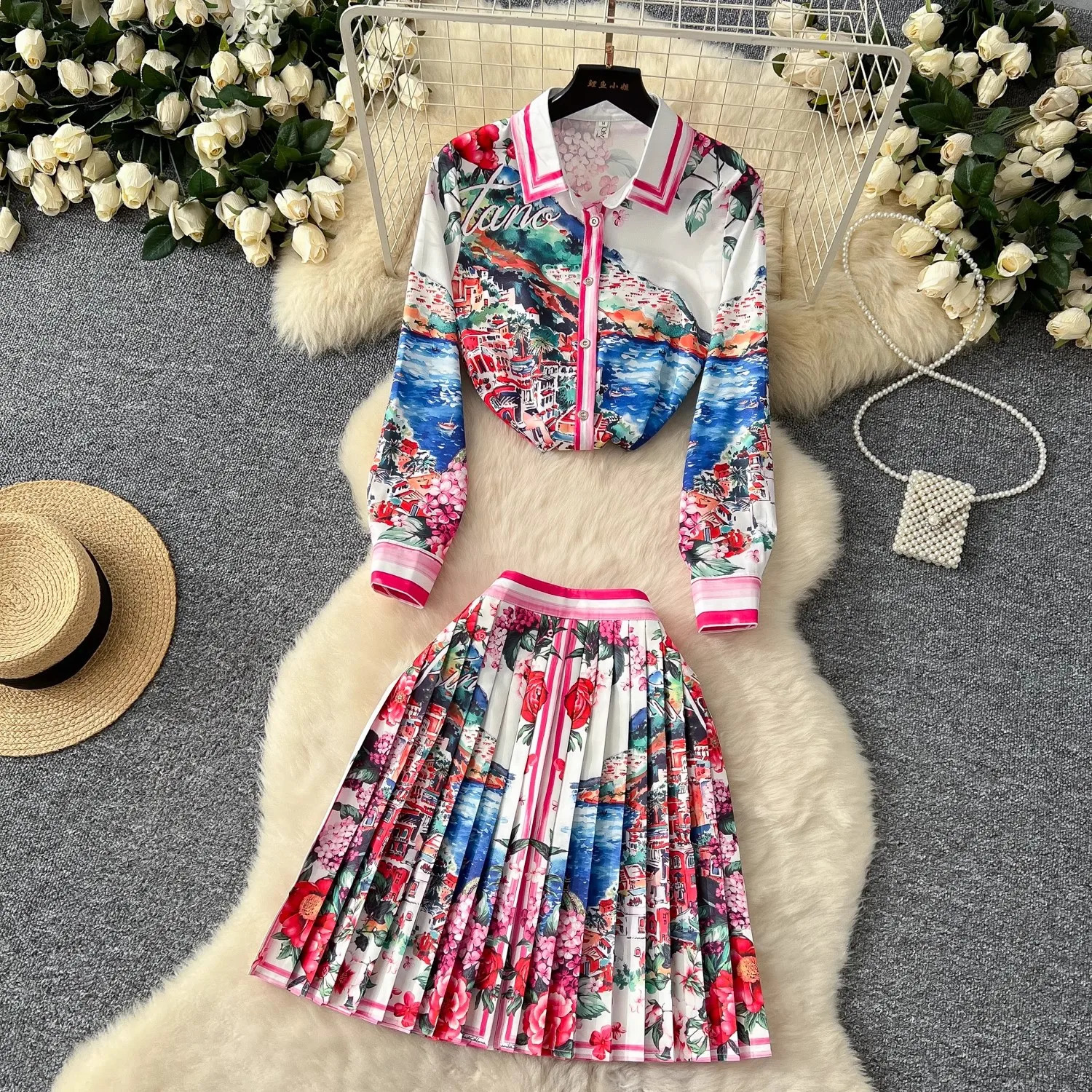 Summer Runway Holiday Gorgeous Flower Skirt Suit Long Sleeve Print Shirt Tops Pleated Mini Skirt Womens 2 Piece Outfits Skirt 250723