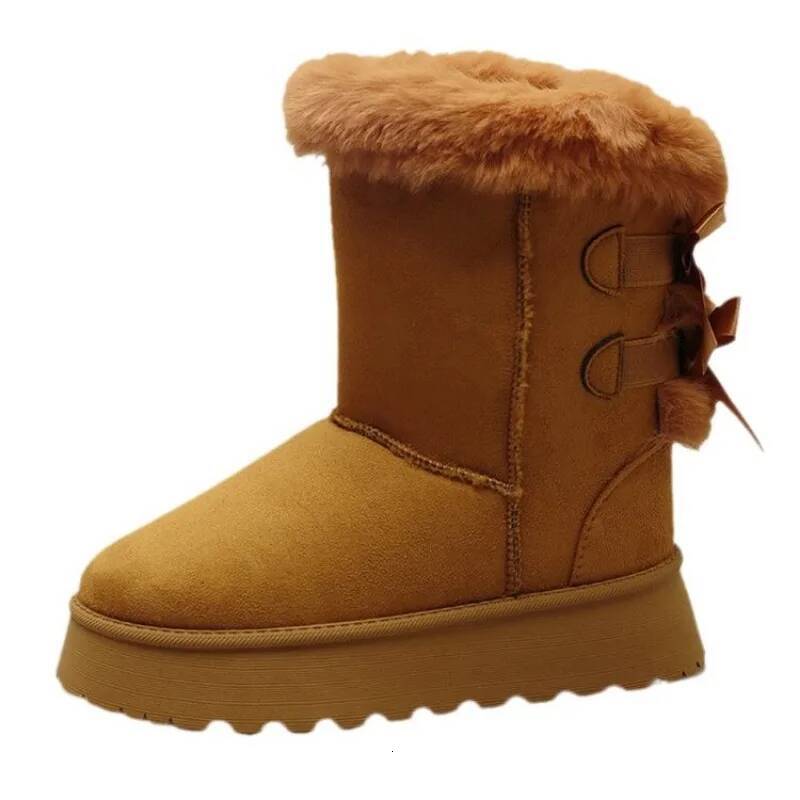 2024 winter new bow hair mouth plus pile cotton casual all-match thick soled mid-tube snow boots ddmythur