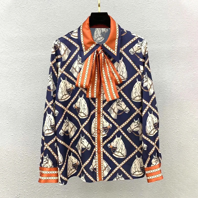 Silk Shirt Women Check Equestrian Print Horse Blouse Spring Summer Long Sleeve Tops Vintage Trend Y2K Clothing 250723