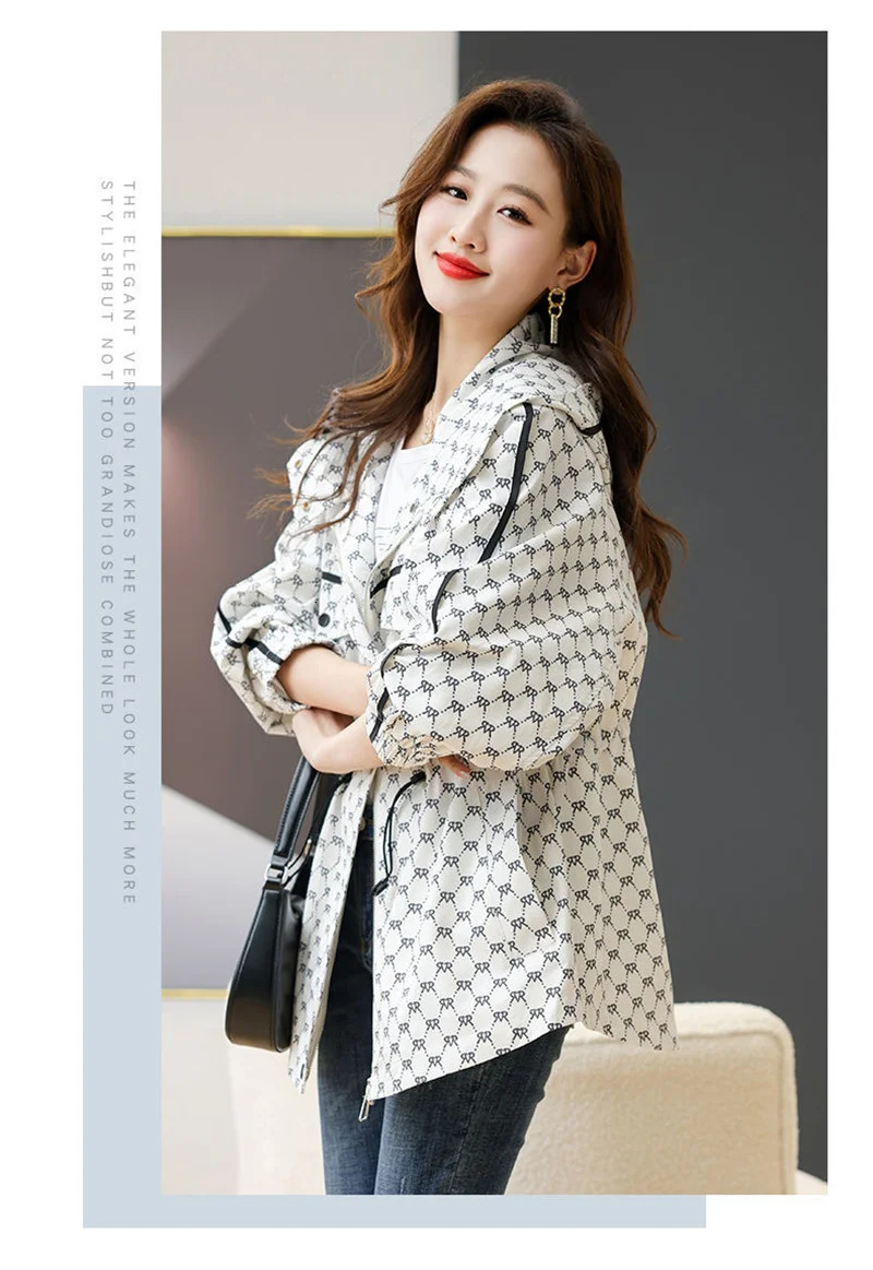 Spot goods Elegant Women's Hooded Windbreaker Trench Coat, Korean Style Fashion Print Outerwear for Spring & Autumn